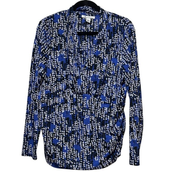 Y2K Kenneth Cole Royal Blue Abstract V-neck Long Sleeve Top Womens Size XL - Picture 1 of 9